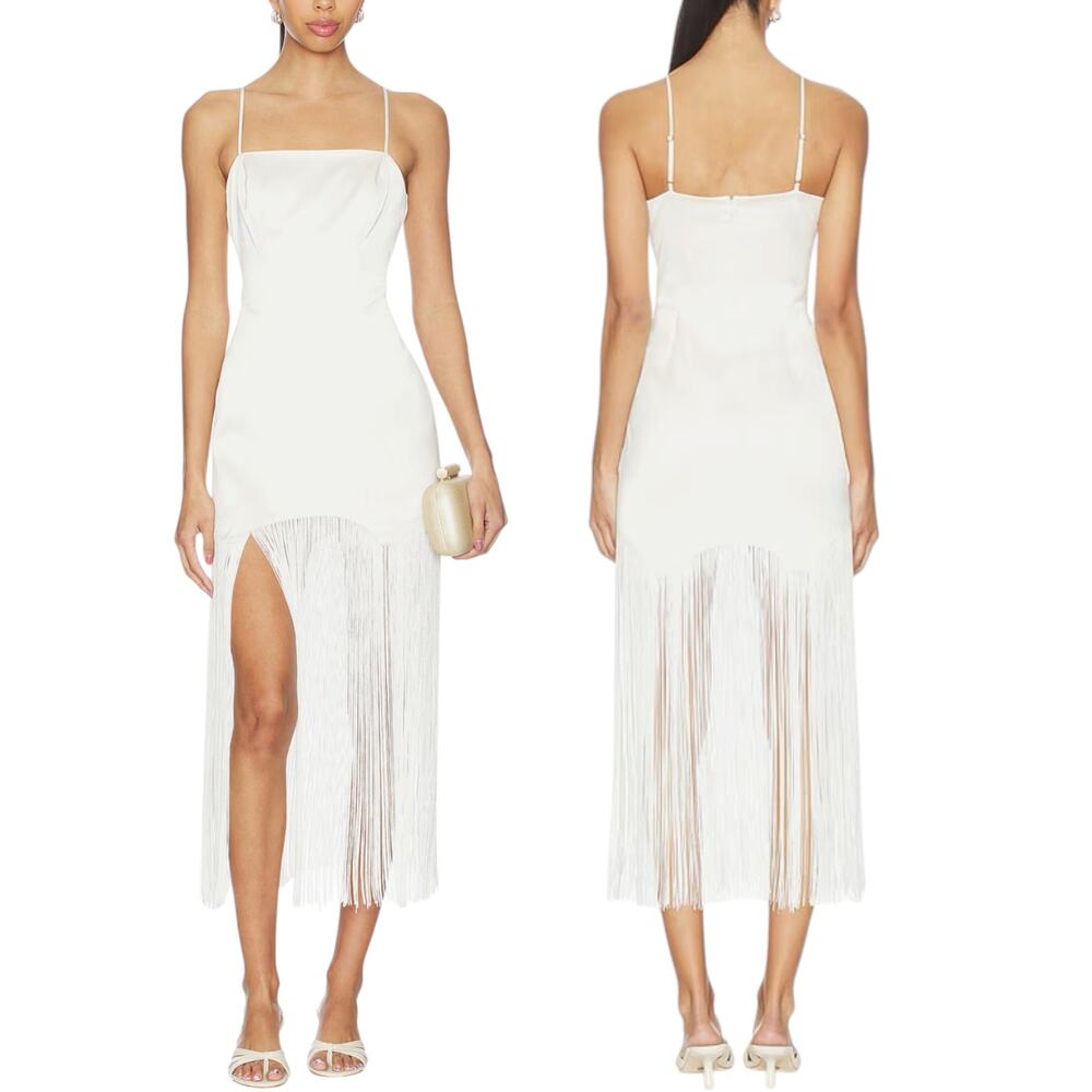 Fleur Du Mal NWT Women's Satin Fringe Mini/Maxi Dress, Vanilla White, Small